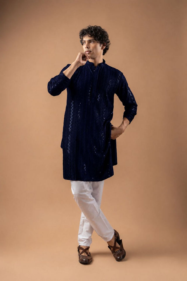 Mens Navy Blue Sequin with Embroidered Rayon Kurta Set (ACB1117)
