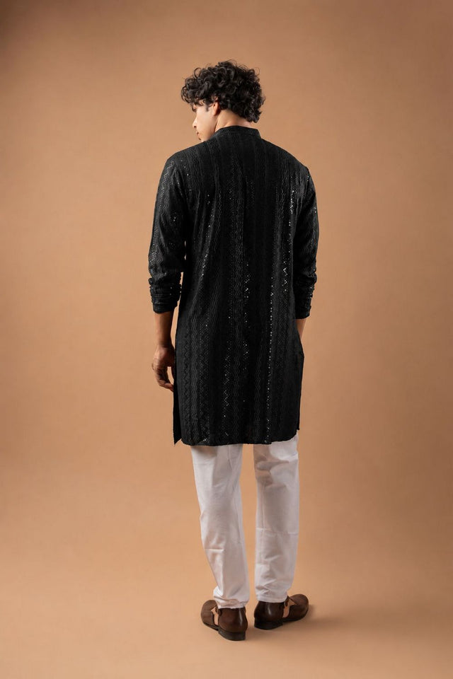 Mens Black Sequin with Embroidered Rayon Kurta Set (ACB1118)