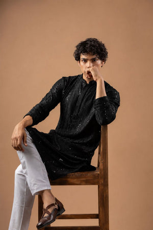 Mens Black Sequin with Embroidered Rayon Kurta Set (ACB1118)