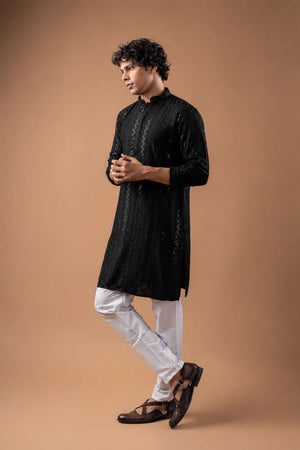 Mens Black Sequin with Embroidered Rayon Kurta Set (ACB1118)