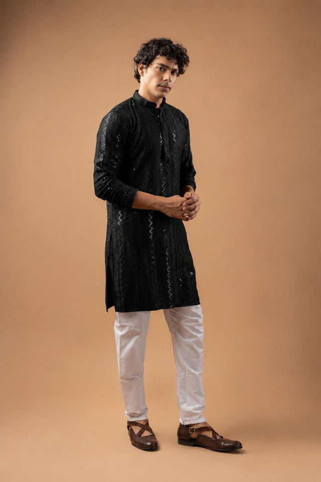 Mens Black Sequin with Embroidered Rayon Kurta Set (ACB1118)