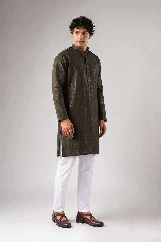 Mens Mehendi Sequin with Embroidered Rayon Kurta Set (ACB1119)