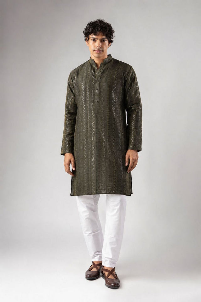 Mens Mehendi Sequin with Embroidered Rayon Kurta Set (ACB1119)