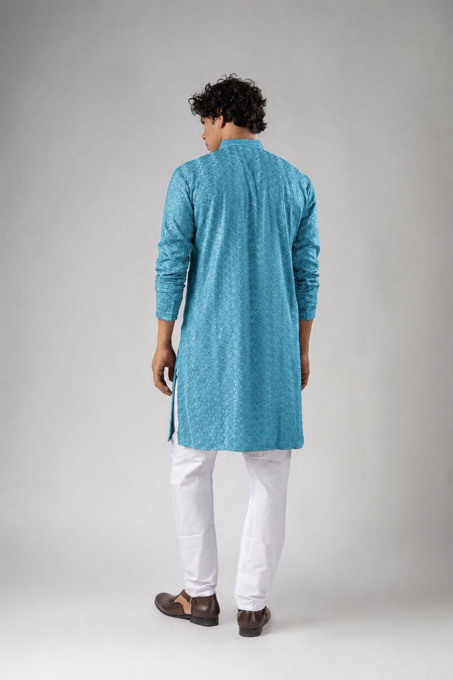 Mens Blue Sequin with Embroidered Rayon Kurta Set (ACB1121)