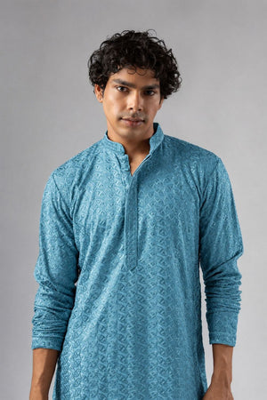 Mens Blue Sequin with Embroidered Rayon Kurta Set (ACB1121)