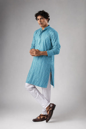Mens Blue Sequin with Embroidered Rayon Kurta Set (ACB1121)