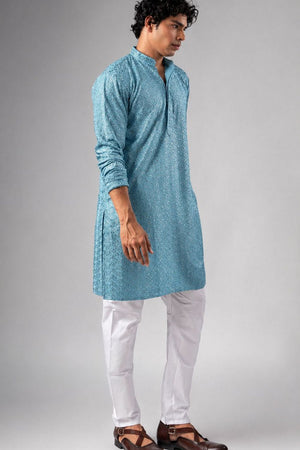 Mens Blue Sequin with Embroidered Rayon Kurta Set (ACB1121)