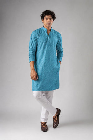 Mens Blue Sequin with Embroidered Rayon Kurta Set (ACB1121)