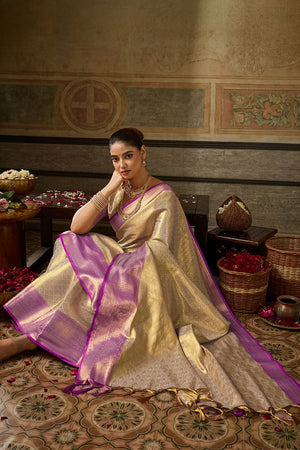 Cream Zari Woven Kanjivaram Silk Saree (ACB1133)