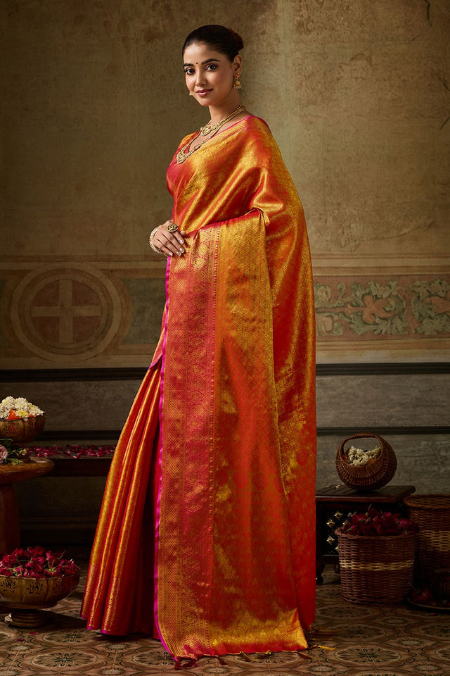 Orange Zari Woven Kanjivaram Silk Saree (ACB1134)