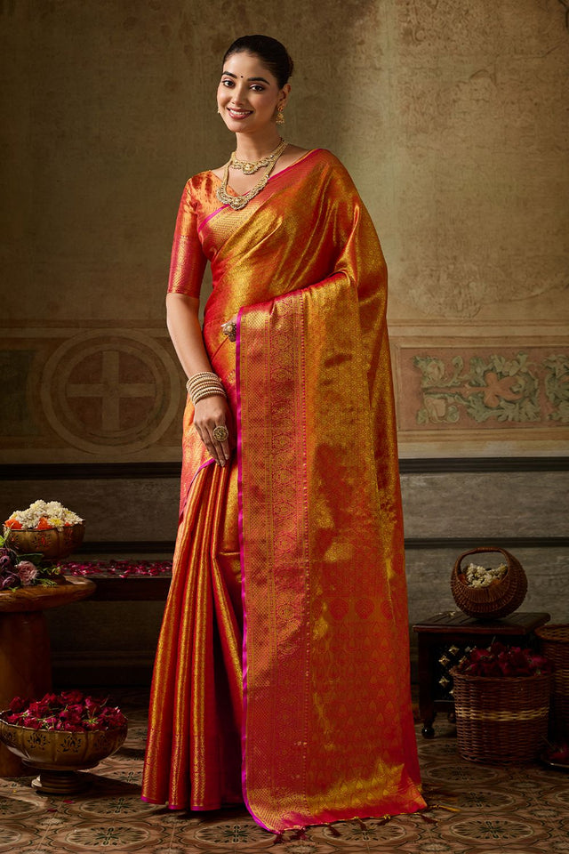 Orange Zari Woven Kanjivaram Silk Saree (ACB1134)