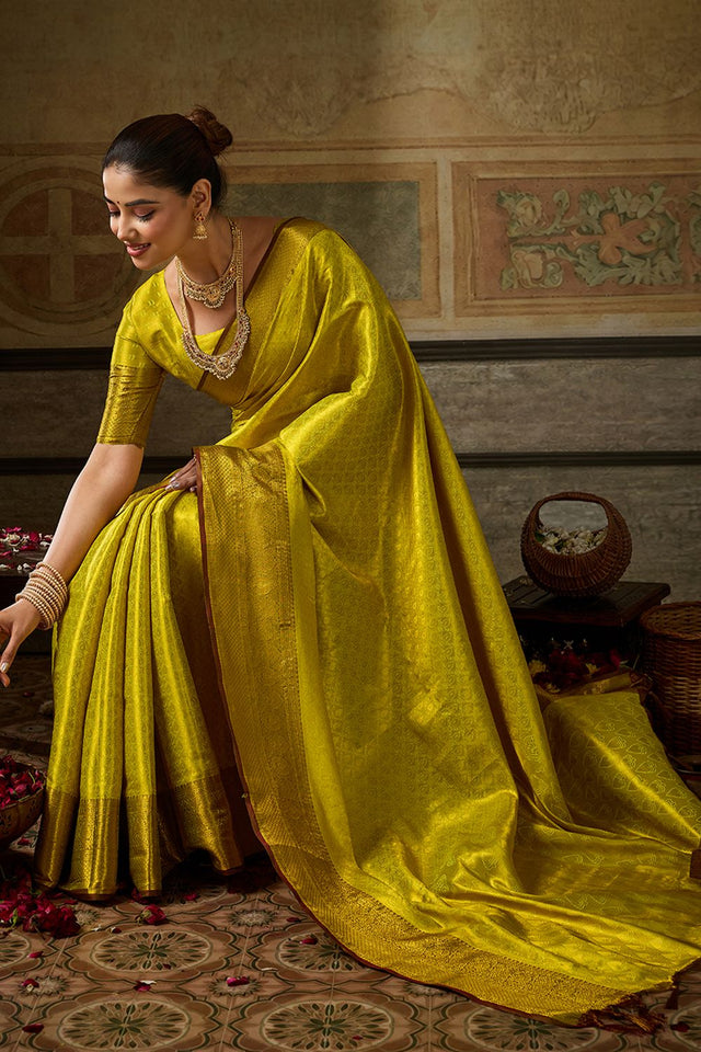 Yellow Zari Woven Kanjivaram Silk Saree (ACB1137)