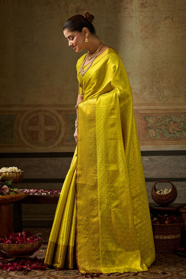 Yellow Zari Woven Kanjivaram Silk Saree (ACB1137)