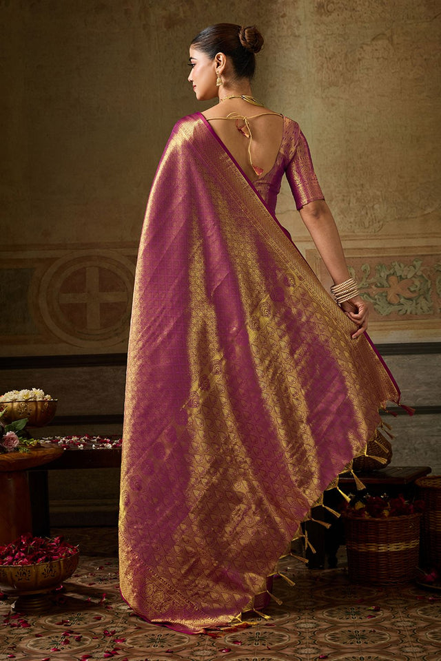 Wine Zari Woven Kanjivaram Silk Saree (ACB1138)