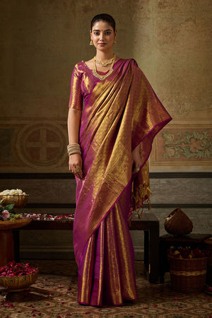 Wine Zari Woven Kanjivaram Silk Saree (ACB1138)