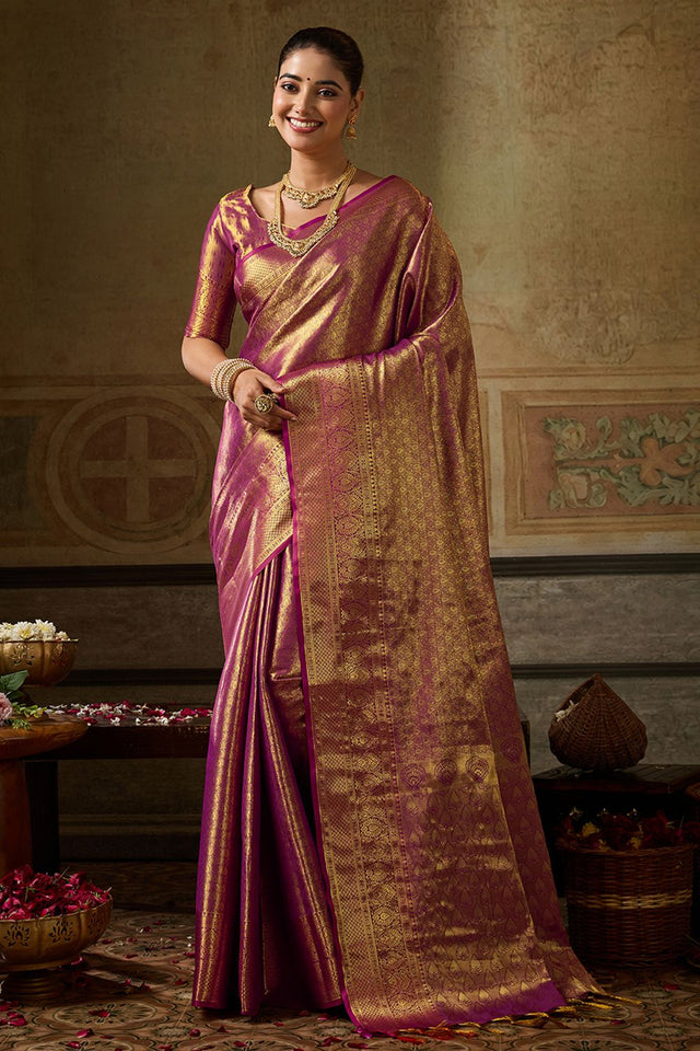 Wine Zari Woven Kanjivaram Silk Saree (ACB1138)