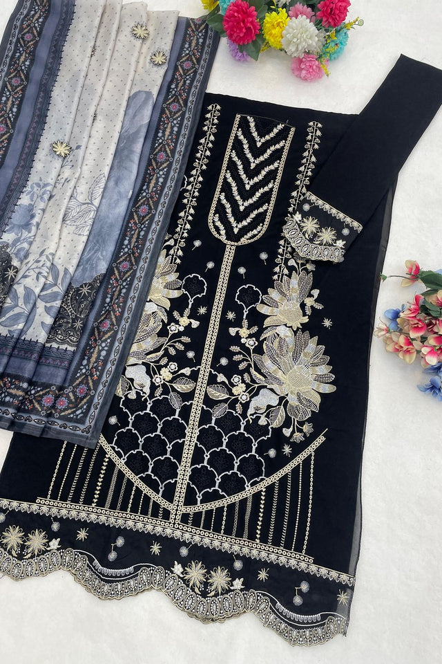 Black Floral Embroidered Georgette Straight Cut Suit (ACB1140)