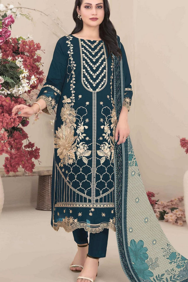 Turquoise Floral Embroidered Georgette Straight Cut Suit (ACB1141)
