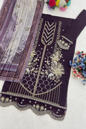 Wine Floral Embroidered Georgette Straight Cut Suit (ACB1143)