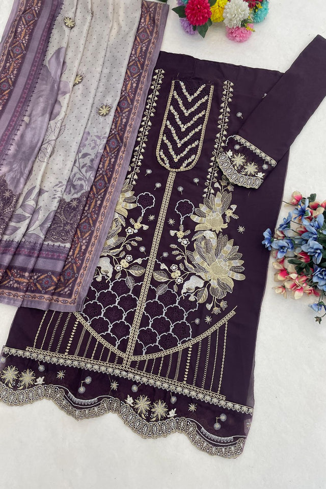 Wine Floral Embroidered Georgette Straight Cut Suit (ACB1143)