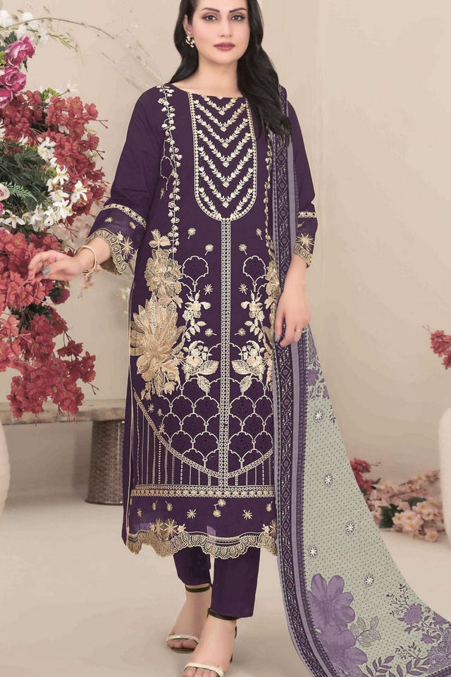 Wine Floral Embroidered Georgette Straight Cut Suit (ACB1143)