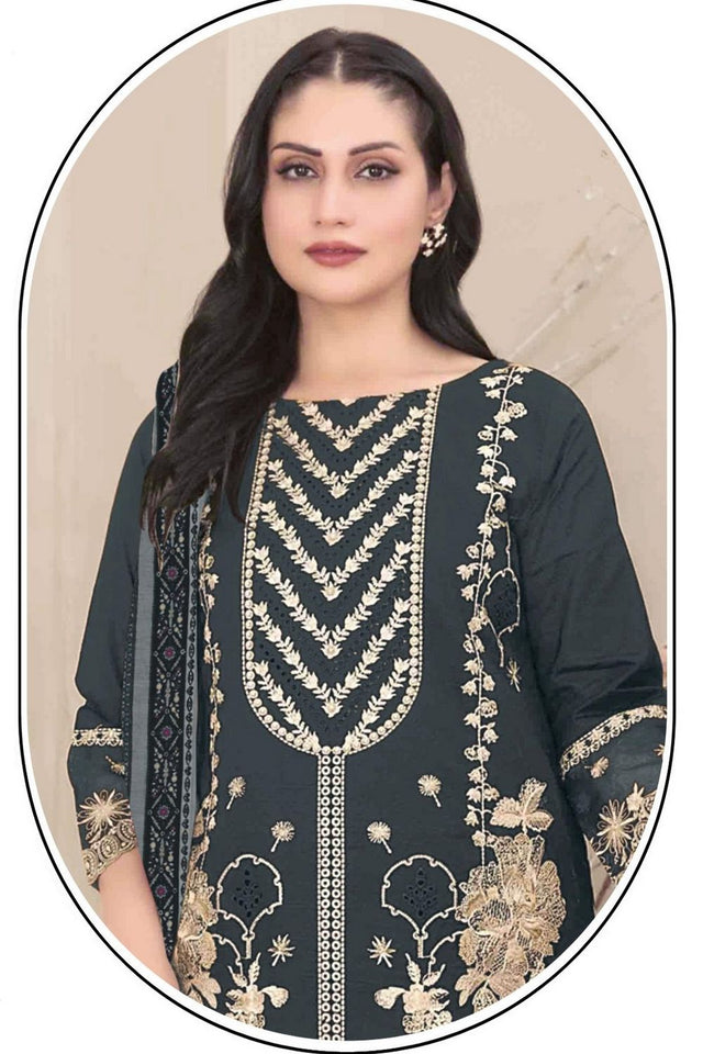 Grey Floral Embroidered Georgette Straight Cut Suit (ACB1144)