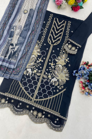 Grey Floral Embroidered Georgette Straight Cut Suit (ACB1144)