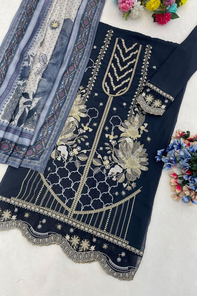Grey Floral Embroidered Georgette Straight Cut Suit (ACB1144)