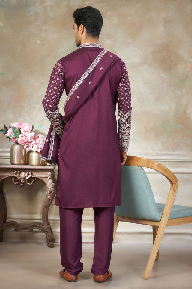Mens Purple Embroidered Silk Kurta Set with Dupatta (ACB1145)