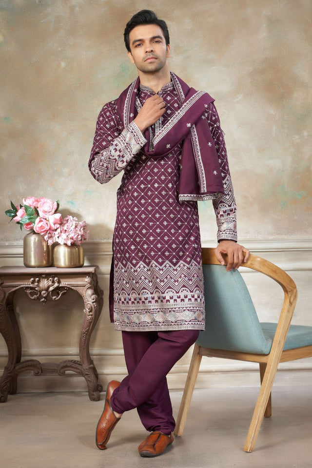 Mens Purple Embroidered Silk Kurta Set with Dupatta (ACB1145)