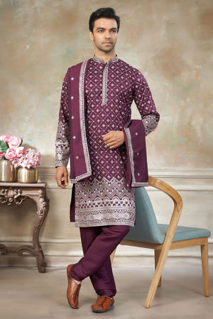 Mens Purple Embroidered Silk Kurta Set with Dupatta (ACB1145)