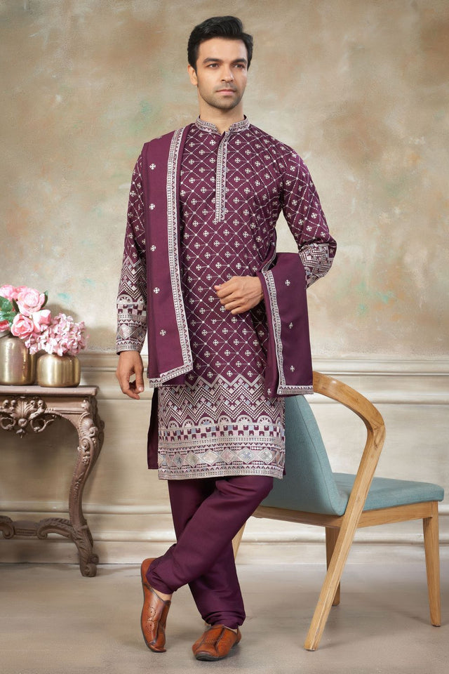 Mens Purple Embroidered Silk Kurta Set with Dupatta (ACB1145)