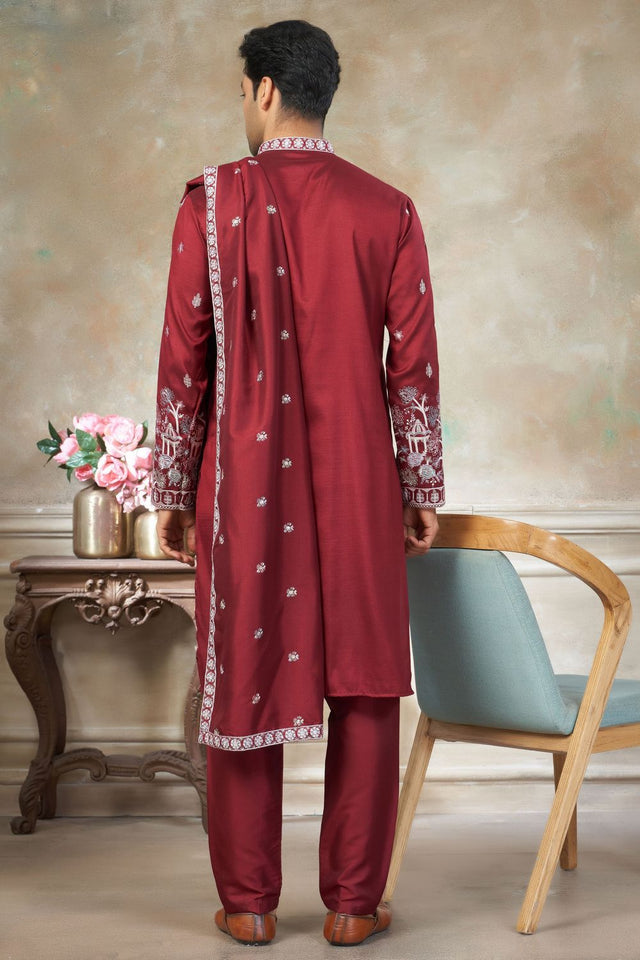 Mens Red Embroidered Silk Kurta Set with Dupatta (ACB1146)