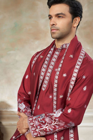 Mens Red Embroidered Silk Kurta Set with Dupatta (ACB1146)