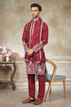 Mens Red Embroidered Silk Kurta Set with Dupatta (ACB1146)