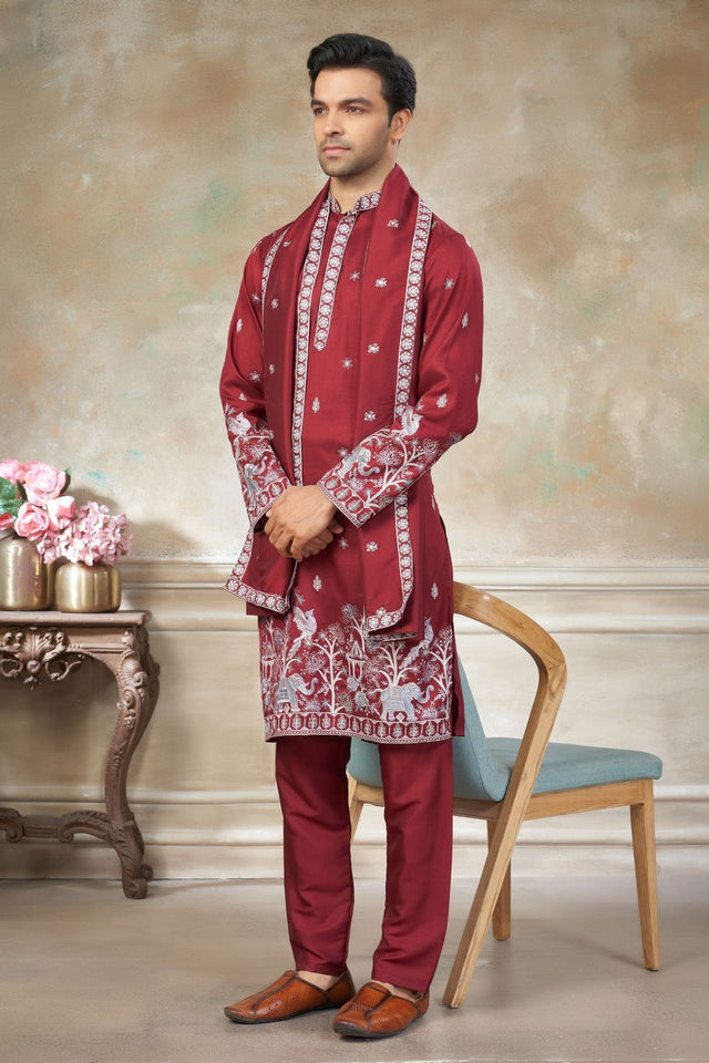 Mens Red Embroidered Silk Kurta Set with Dupatta (ACB1146)