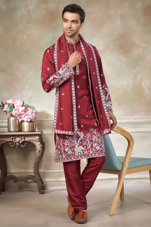 Mens Red Embroidered Silk Kurta Set with Dupatta (ACB1146)
