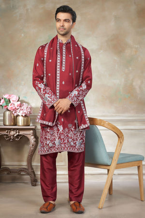 Mens Red Embroidered Silk Kurta Set with Dupatta (ACB1146)