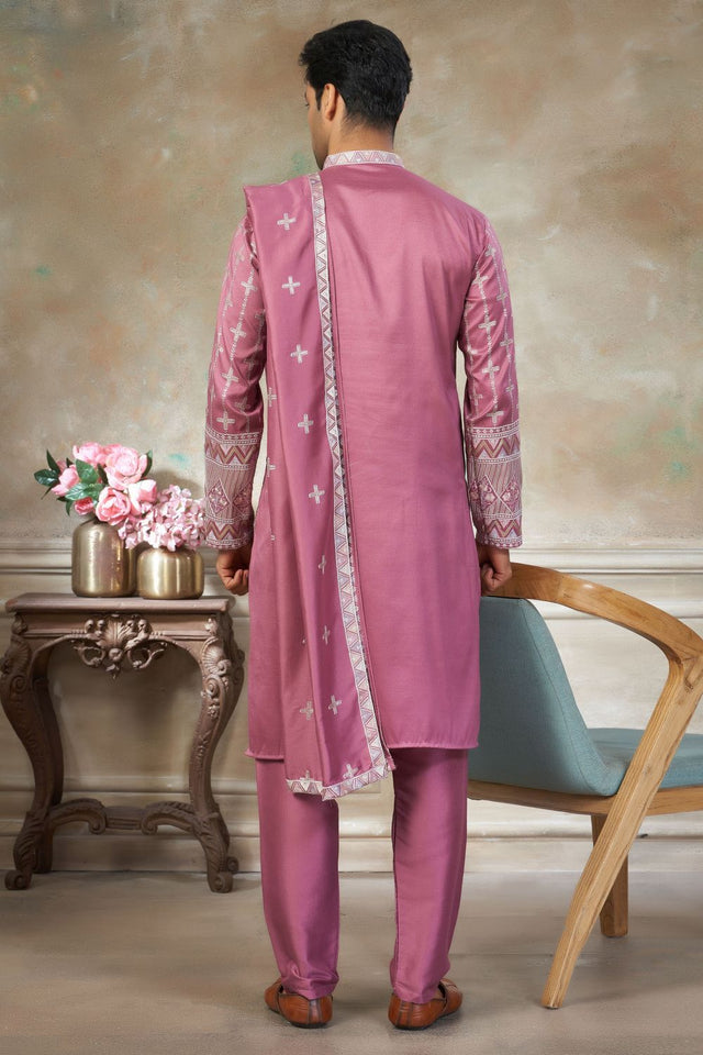 Mens Pink Embroidered Silk Kurta Set with Dupatta (ACB1147)