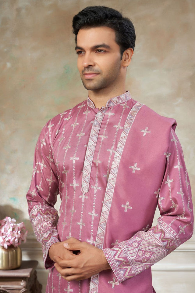 Mens Pink Embroidered Silk Kurta Set with Dupatta (ACB1147)