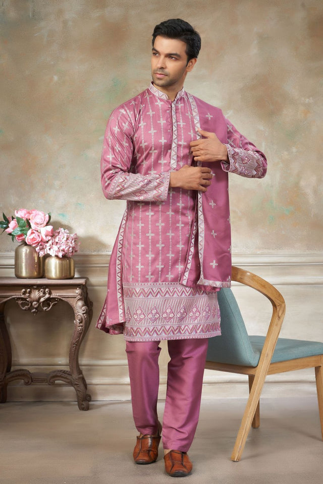 Mens Pink Embroidered Silk Kurta Set with Dupatta (ACB1147)