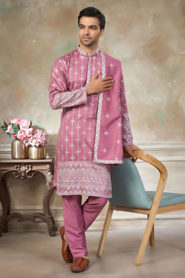 Mens Pink Embroidered Silk Kurta Set with Dupatta (ACB1147)