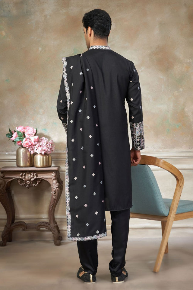Mens Black Embroidered Silk Kurta Set with Dupatta (ACB1148)