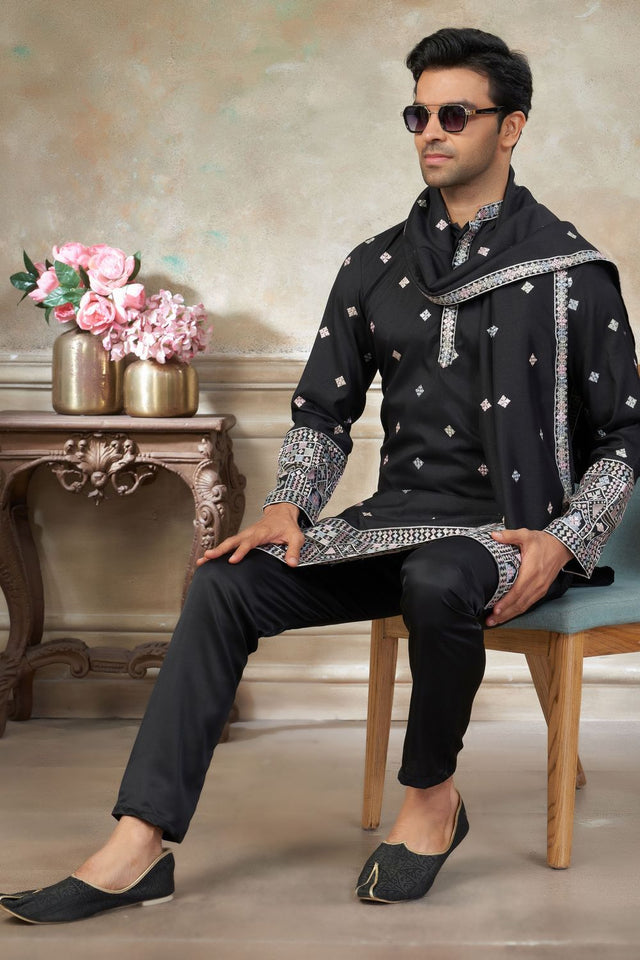 Mens Black Embroidered Silk Kurta Set with Dupatta (ACB1148)
