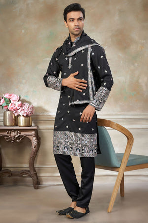 Mens Black Embroidered Silk Kurta Set with Dupatta (ACB1148)