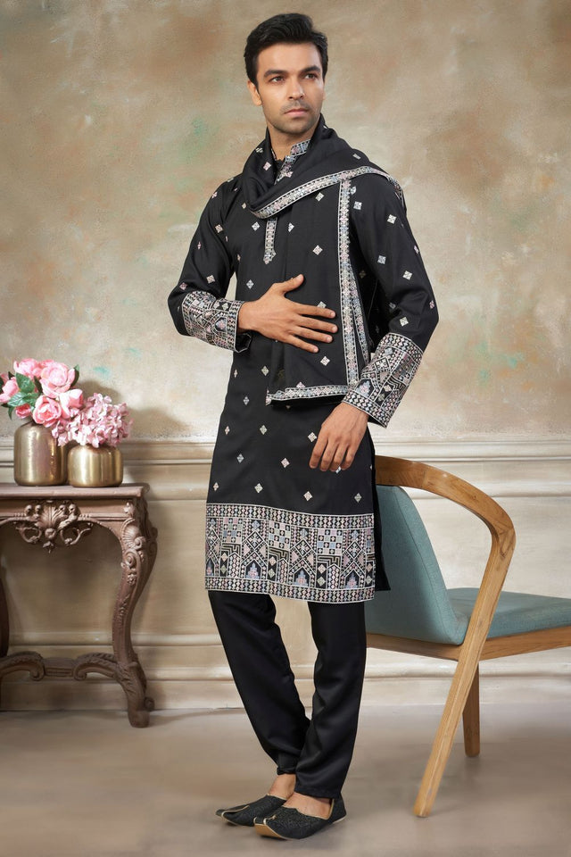 Mens Black Embroidered Silk Kurta Set with Dupatta (ACB1148)