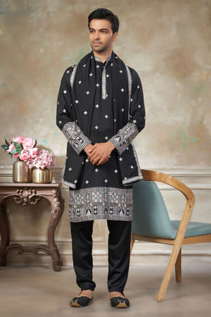 Mens Black Embroidered Silk Kurta Set with Dupatta (ACB1148)