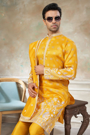Mens Yellow Embroidered Silk Kurta Set with Dupatta (ACB1149)