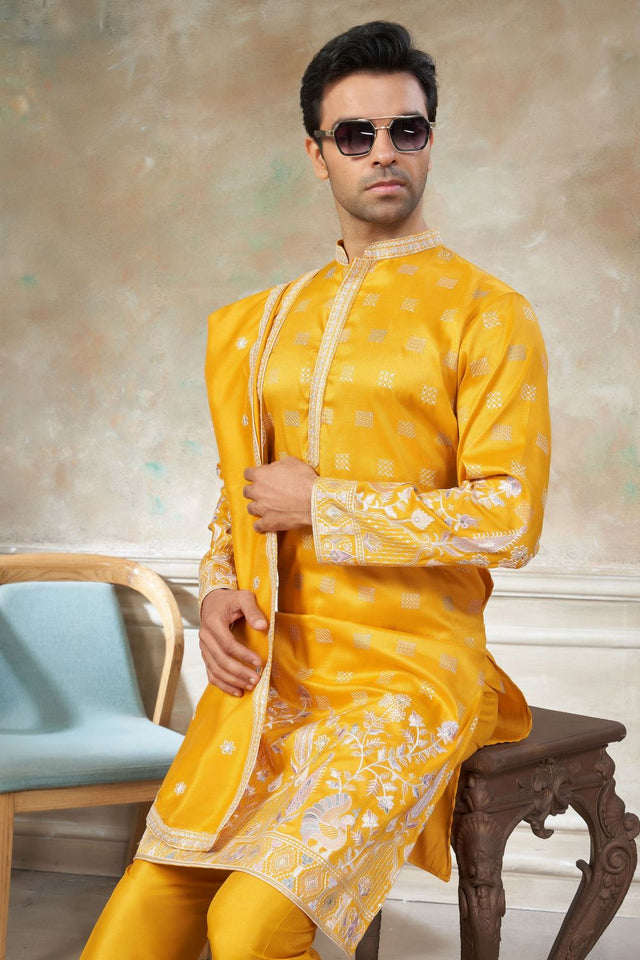 Mens Yellow Embroidered Silk Kurta Set with Dupatta (ACB1149)