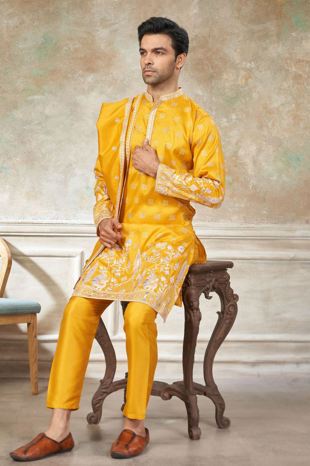 Mens Yellow Embroidered Silk Kurta Set with Dupatta (ACB1149)
